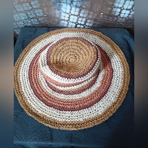 Zara Raffia Straw Striped Tan and Brown Floppy Sun Hat - Picture 12 of 14